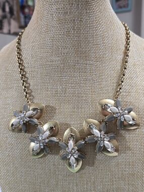 J. Crew Crystal Flower Matte Gold Statement Necklace